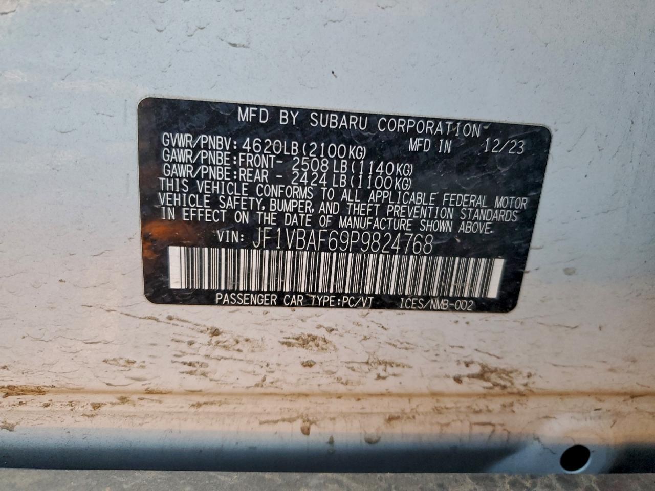 2023 Subaru Wrx Premium VIN: JF1VBAF69P9824768 Lot: 94919205