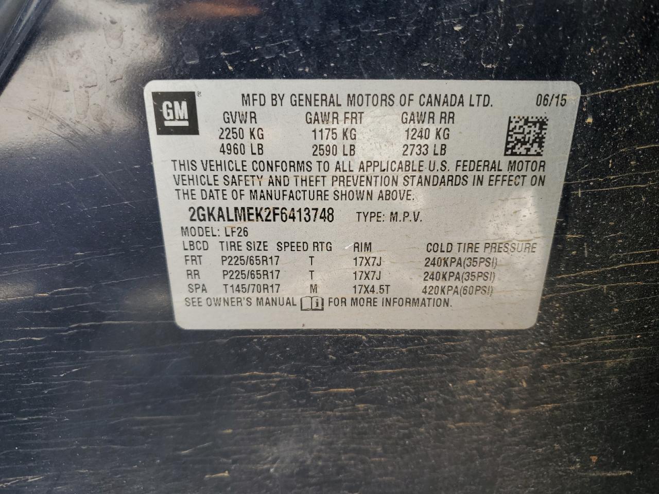 2015 GMC Terrain Sle VIN: 2GKALMEK2F6413748 Lot: 92104555