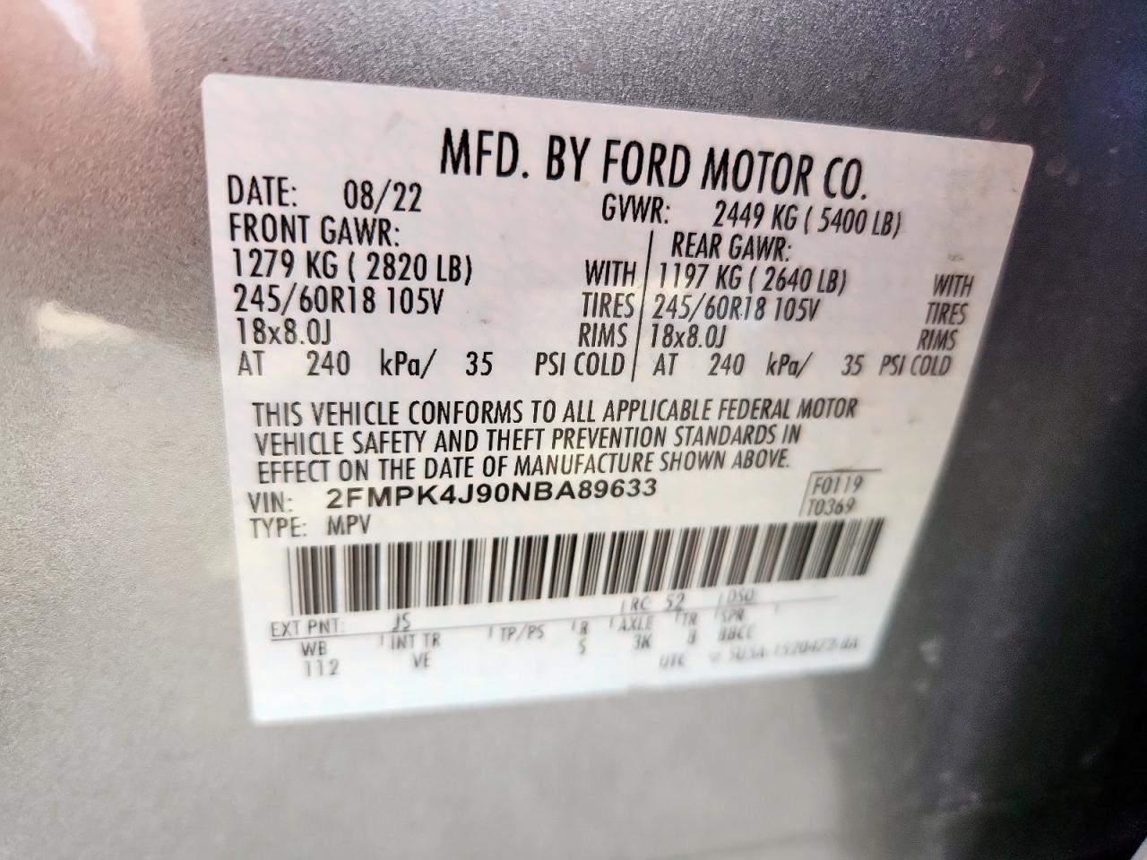 2022 Ford Edge Sel VIN: 2FMPK4J90NBA89633 Lot: 92345365