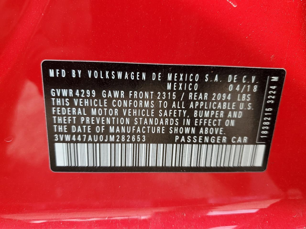 2018 Volkswagen Gti S/Se VIN: 3VW447AU0JM282653 Lot: 92910685