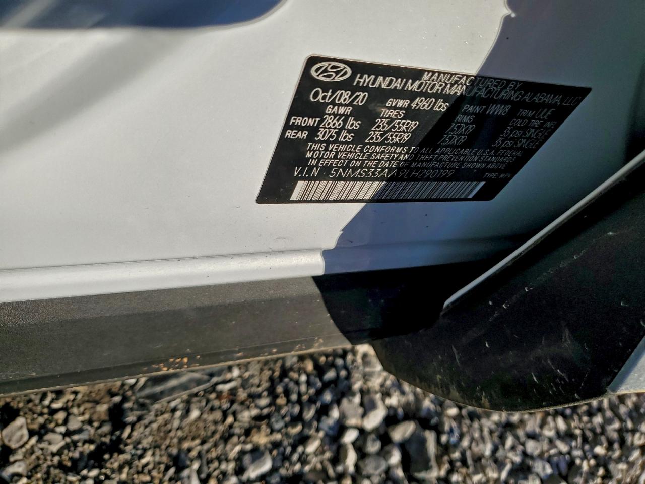 2020 Hyundai Santa Fe Sel VIN: 5NMS33AA9LH290199 Lot: 93094335