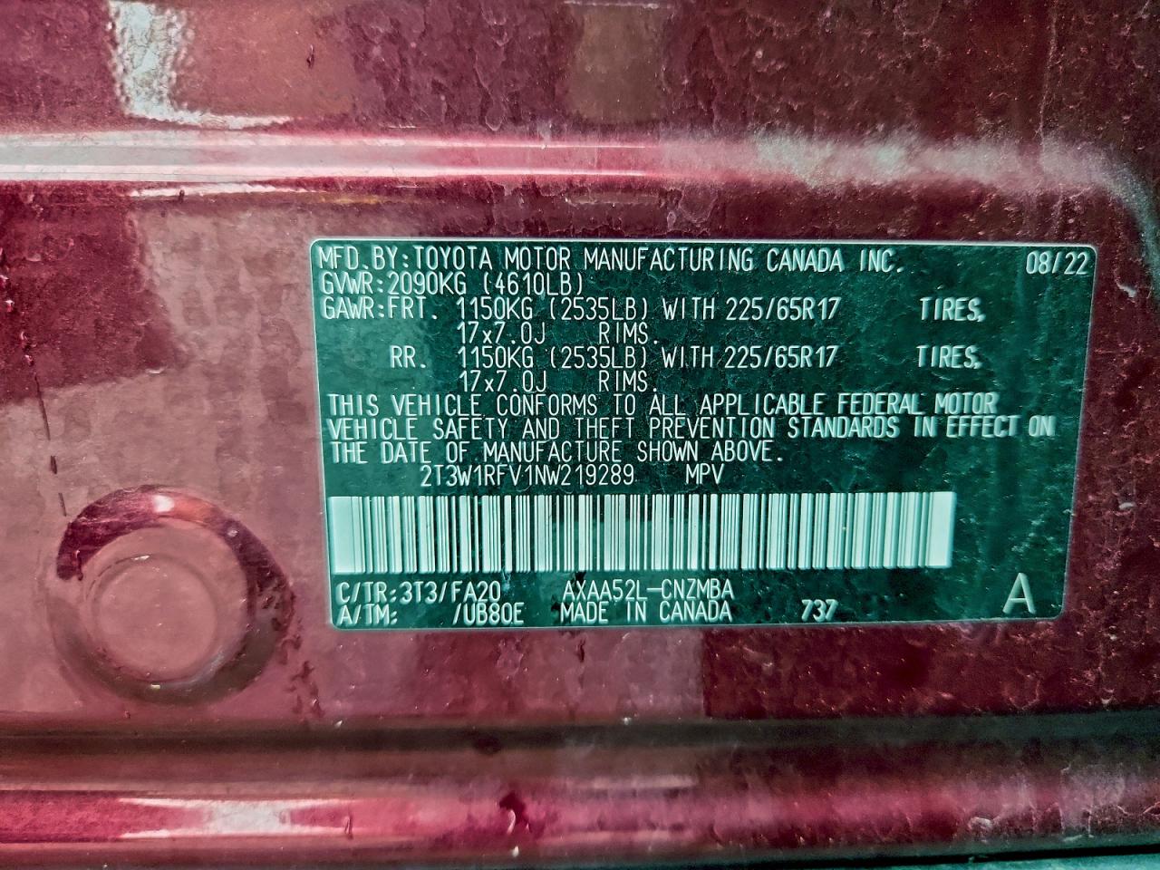 2022 Toyota Rav4 Xle VIN: 2T3W1RFV1NW219289 Lot: 93966925