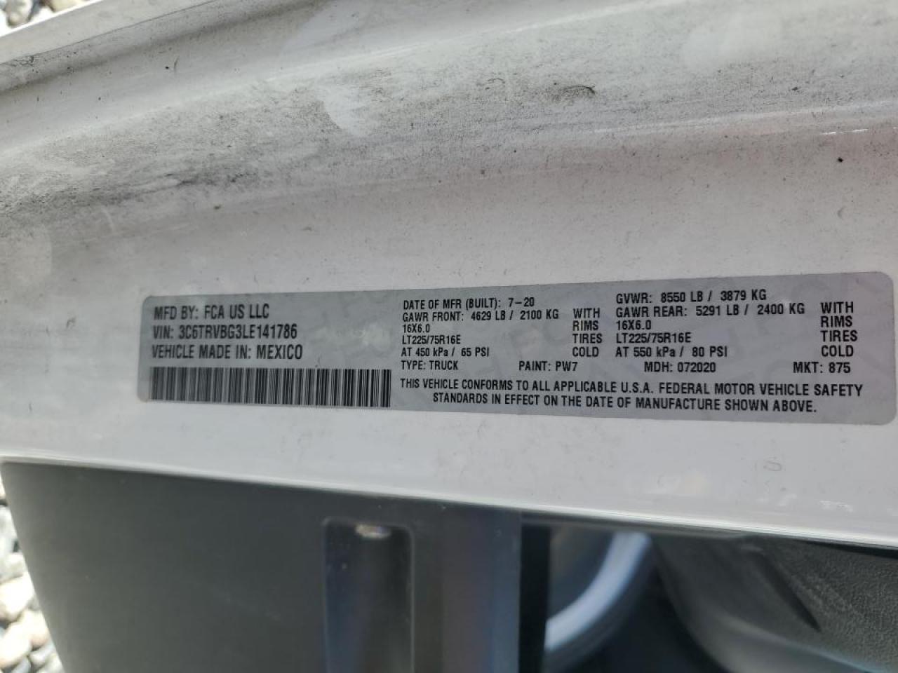 2020 Ram Promaster Cargo Van VIN: 3C6TRVBG3LE141786 Lot: 91927335