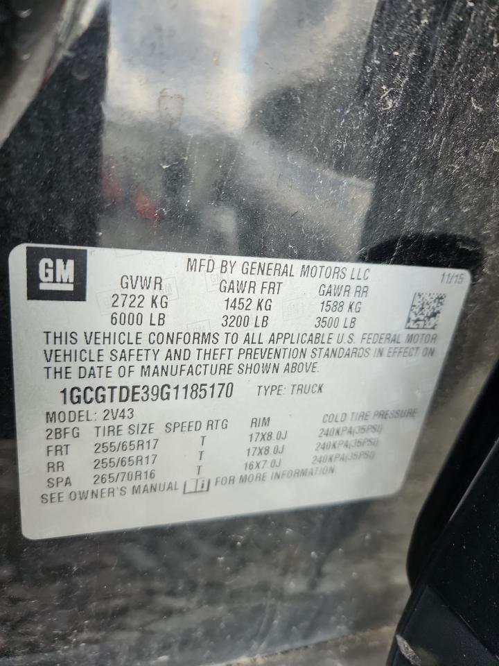 2016 Chevrolet Colorado Z71 VIN: 1GCGTDE39G1185170 Lot: 91607145