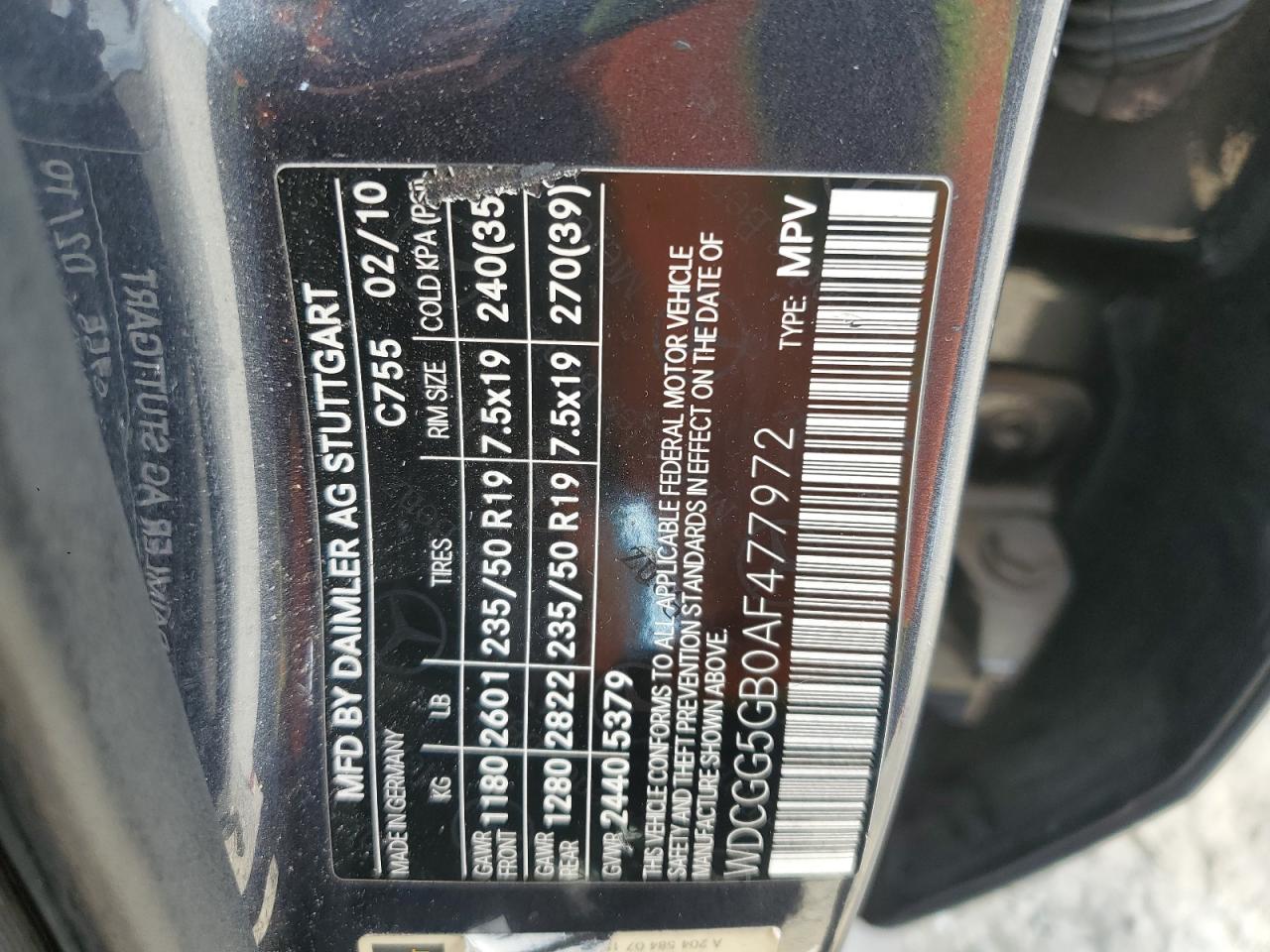 2010 Mercedes-Benz Glk 350 VIN: WDCGG5GB0AF477972 Lot: 92095995