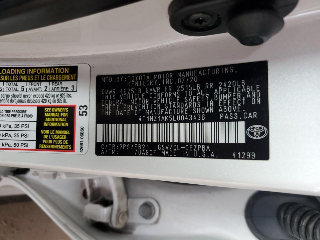 2020 Toyota Camry Trd VIN: 4T1NZ1AK5LU043436 Lot: 93437355