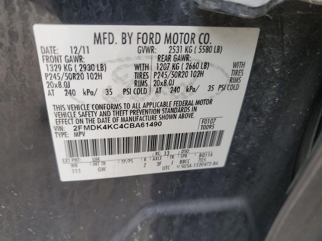 2012 Ford Edge Limited VIN: 2FMDK4KC4CBA61490 Lot: 93018305