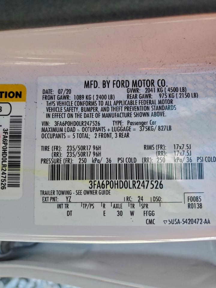 2020 Ford Fusion Se VIN: 3FA6P0HD0LR247526 Lot: 94420245