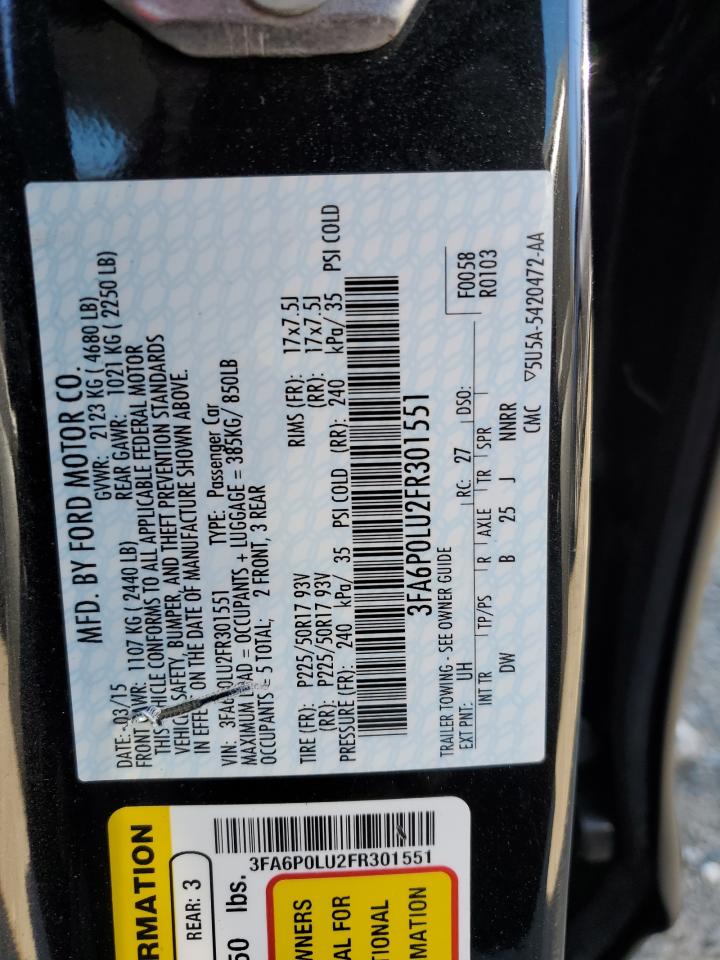 2015 Ford Fusion Se Hybrid VIN: 3FA6P0LU2FR301551 Lot: 91184015