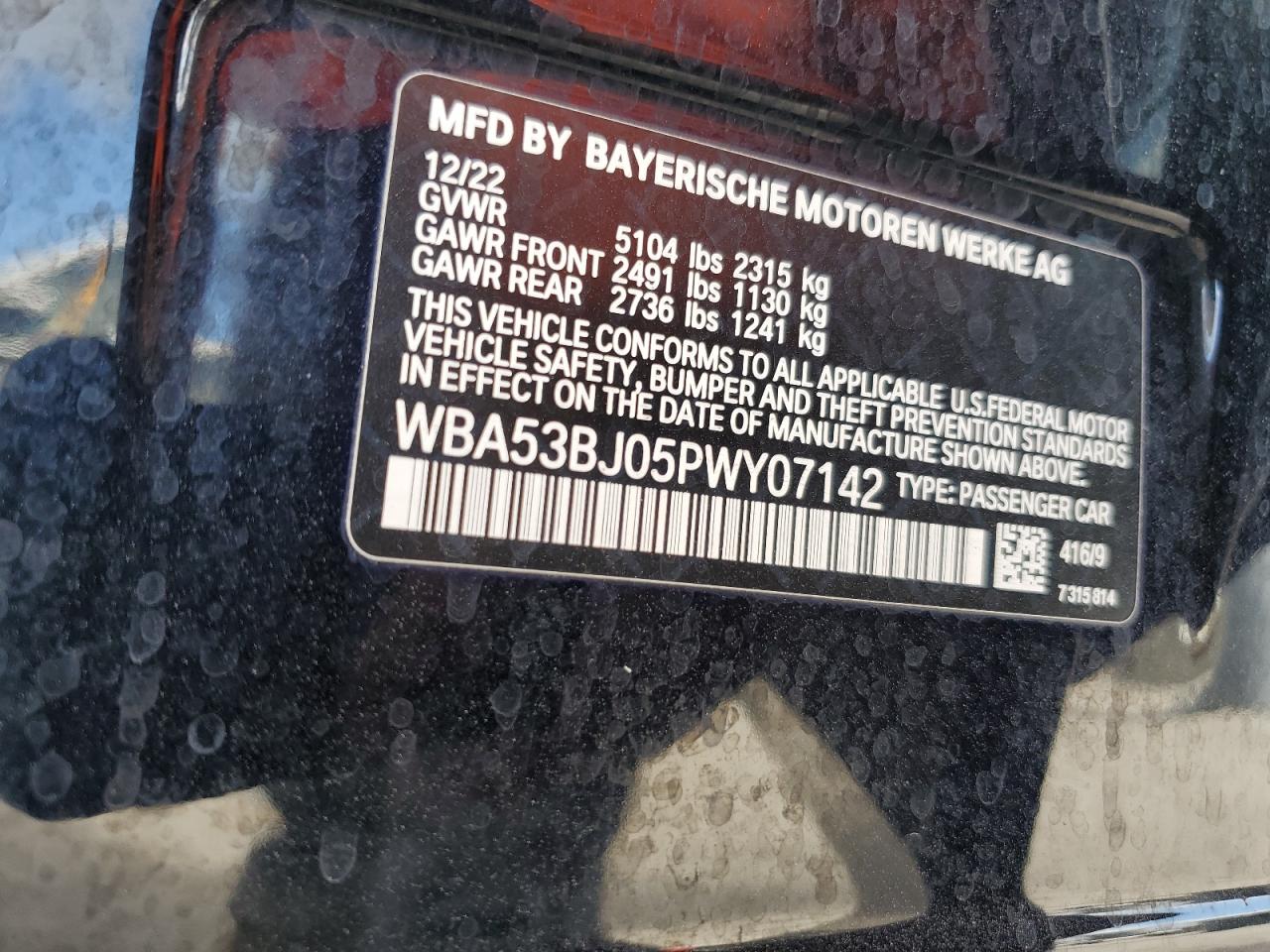 2023 BMW 540 I VIN: WBA53BJ05PWY07142 Lot: 94044205