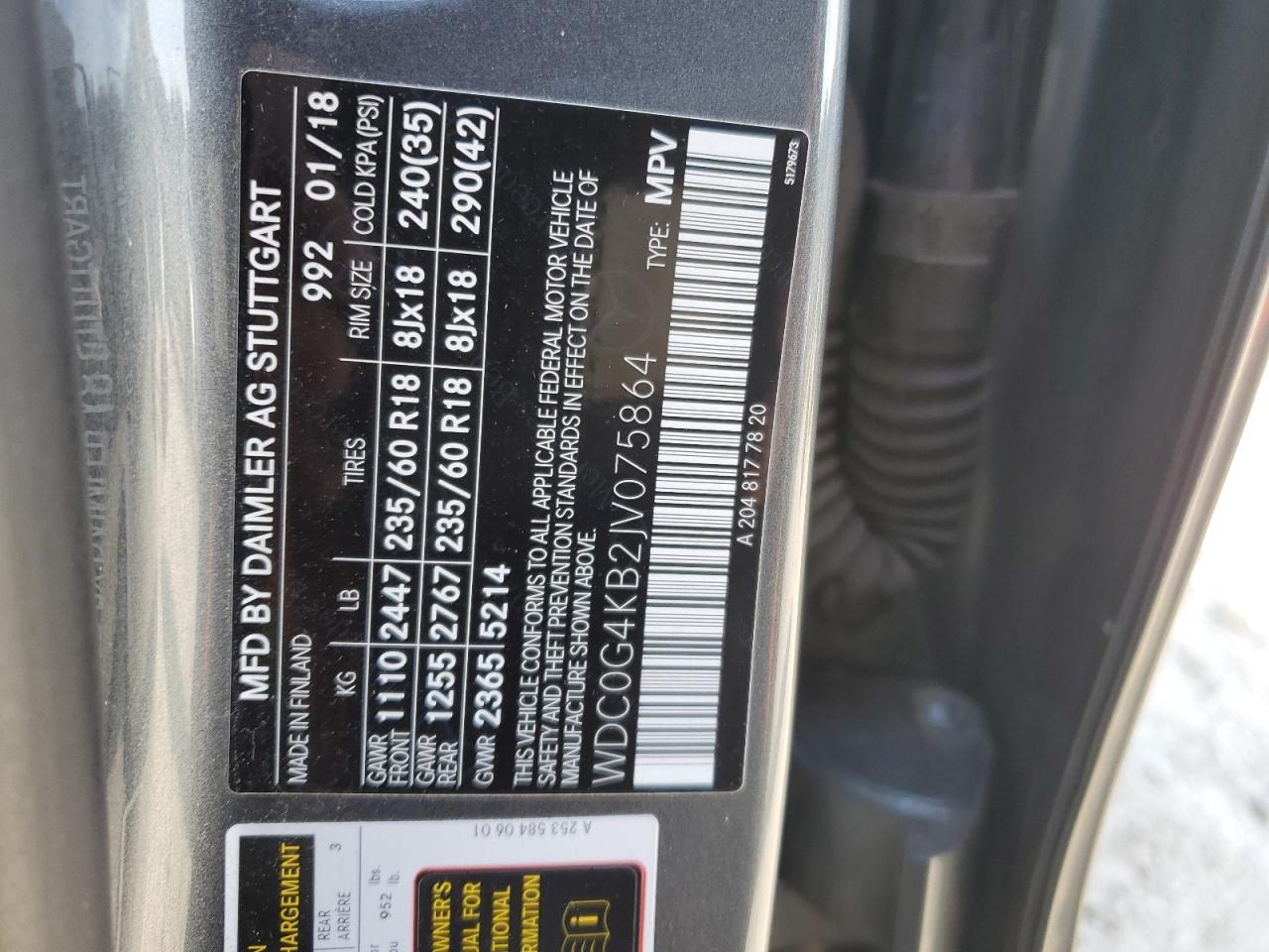 2018 Mercedes-Benz Glc 300 4Matic VIN: WDC0G4KB2JV075864 Lot: 92693175