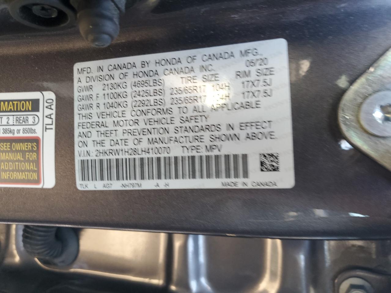 2020 Honda Cr-V Lx VIN: 2HKRW1H28LH410070 Lot: 93075975