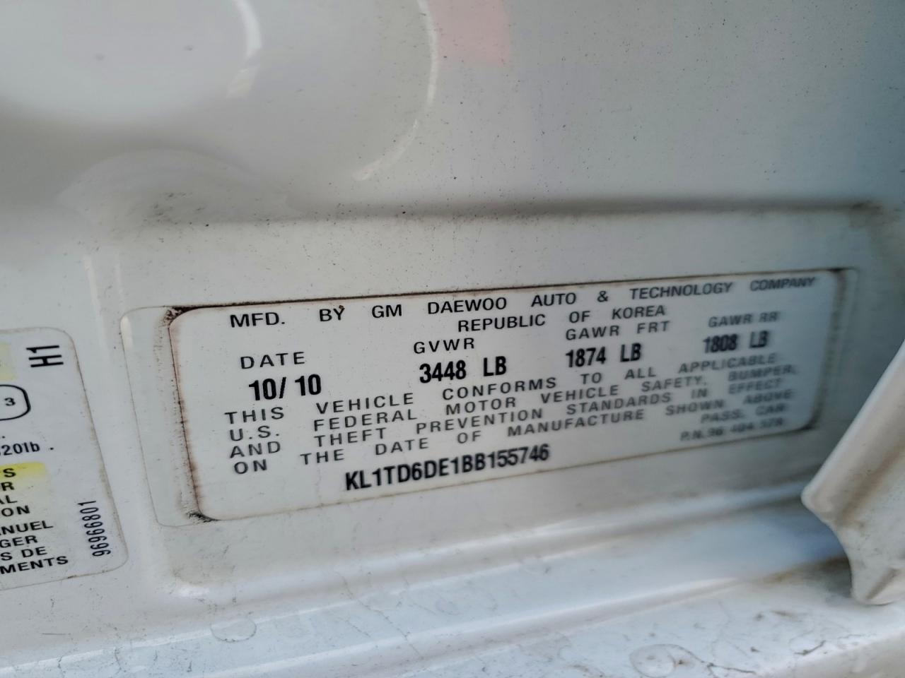 2011 Chevrolet Aveo Ls VIN: KL1TD6DE1BB155746 Lot: 94456195