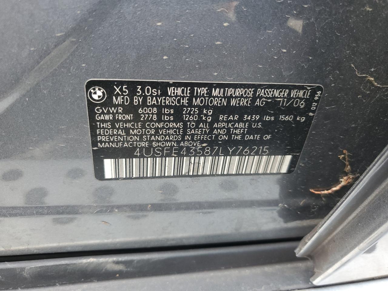 2007 BMW X5 3.0I VIN: 4USFE43587LY76215 Lot: 92941175