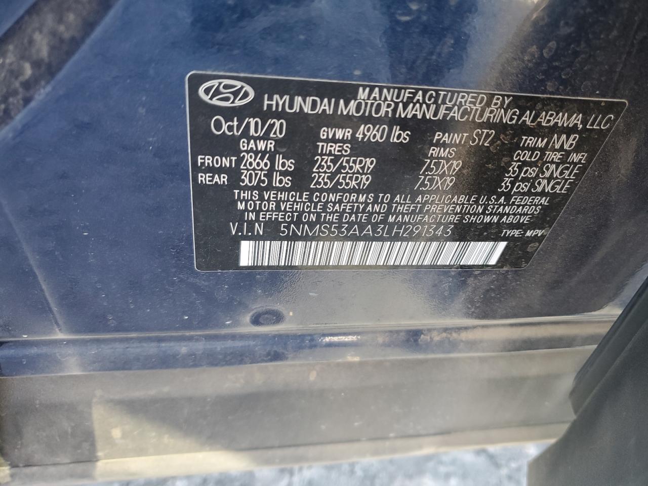 2020 Hyundai Santa Fe Limited VIN: 5NMS53AA3LH291343 Lot: 92467075