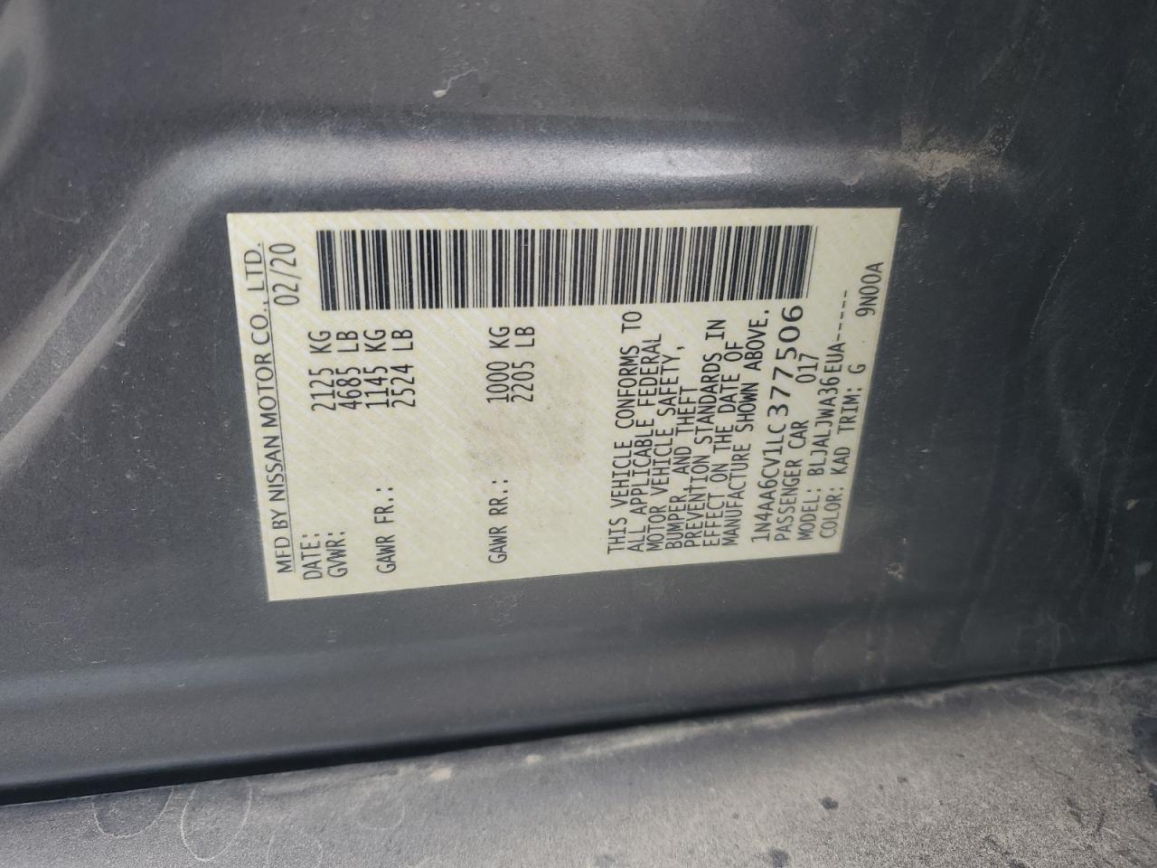 2020 Nissan Maxima Sv VIN: 1N4AA6CV1LC377506 Lot: 92852925