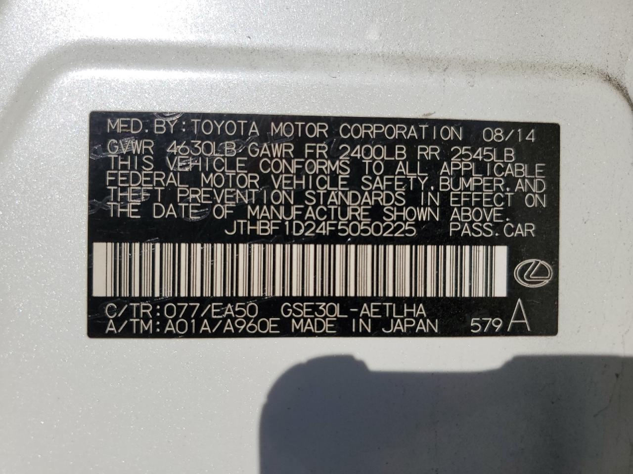 2015 Lexus Is 250 VIN: JTHBF1D24F5050225 Lot: 91980925