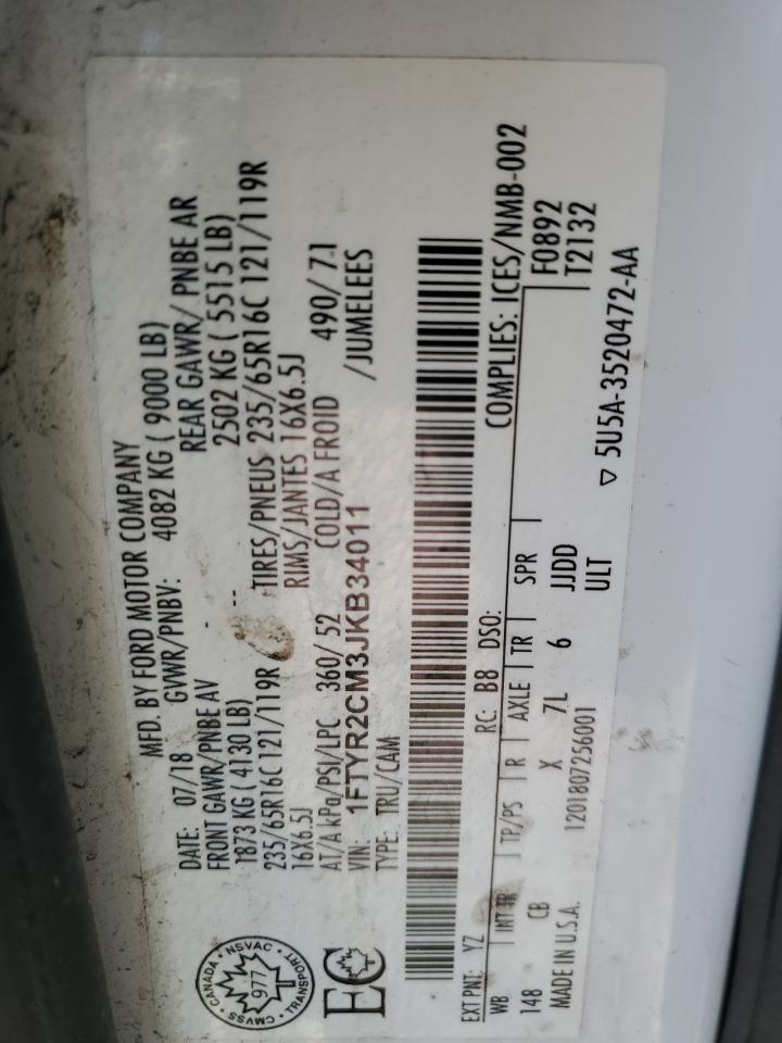 2018 Ford Transit T-250 VIN: 1FTYR2CM3JKB34011 Lot: 93092315