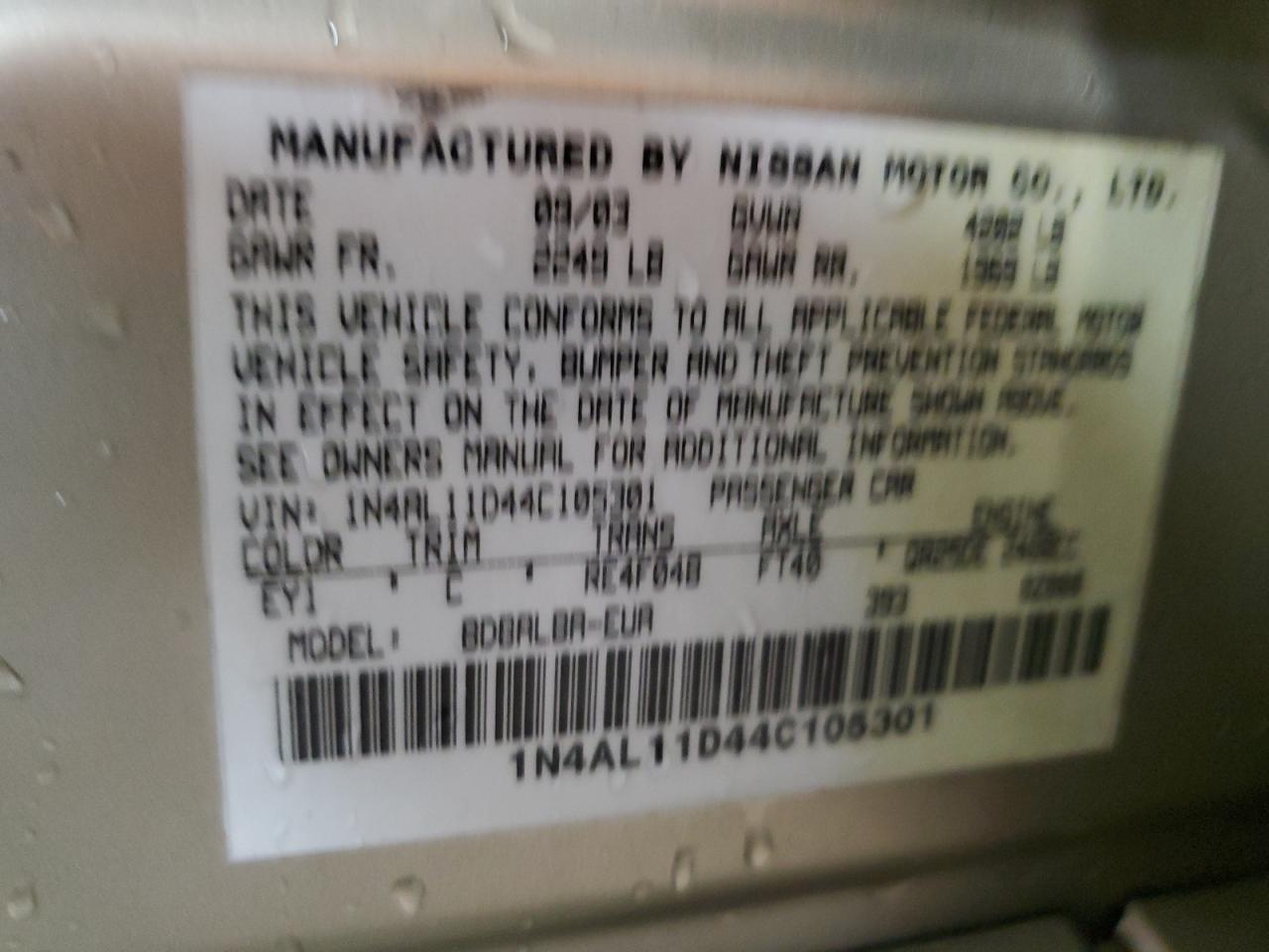 2004 Nissan Altima Base VIN: 1N4AL11D44C105301 Lot: 93515055