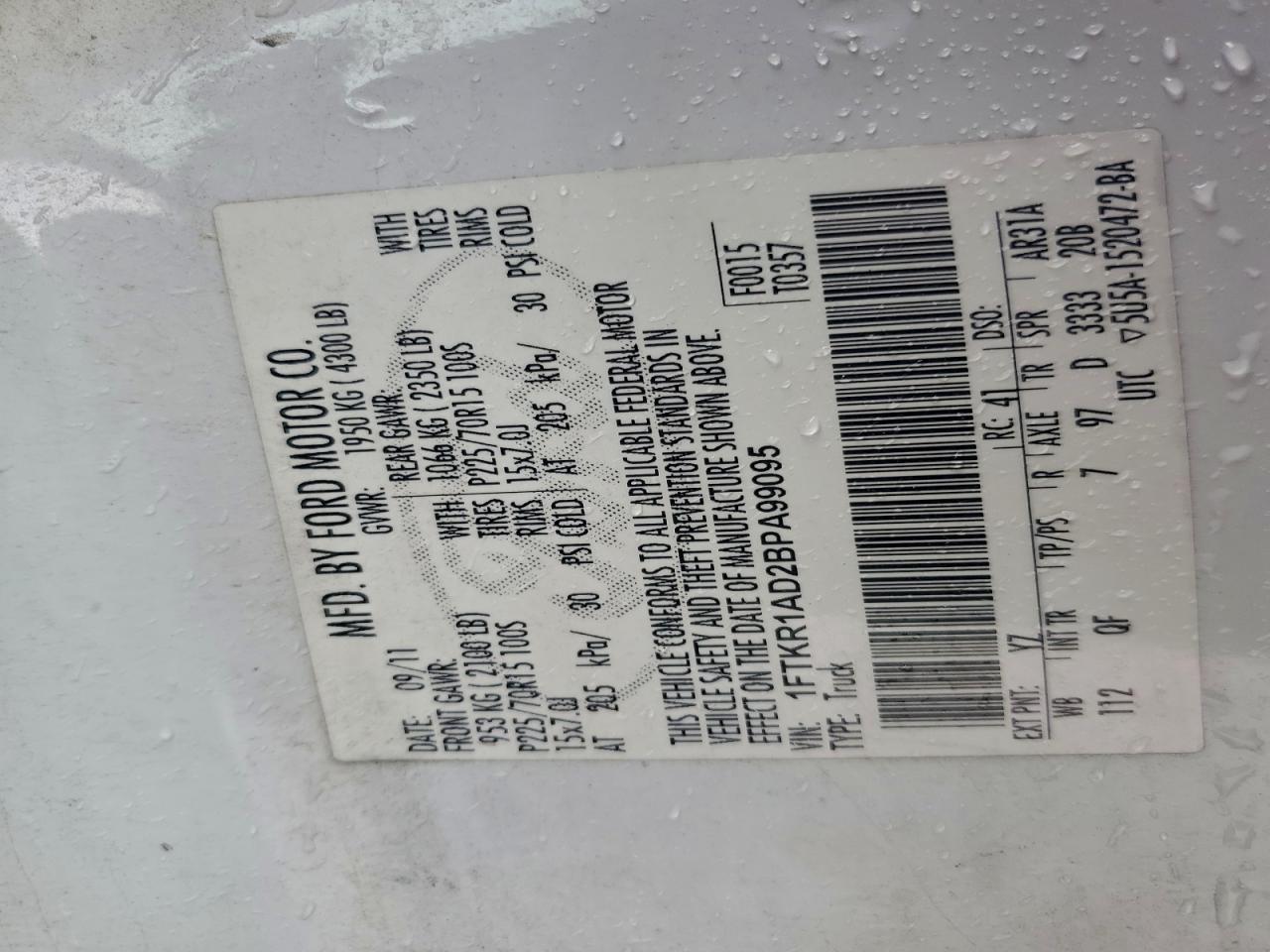 2011 Ford Ranger VIN: 1FTKR1AD2BPA99095 Lot: 93835905