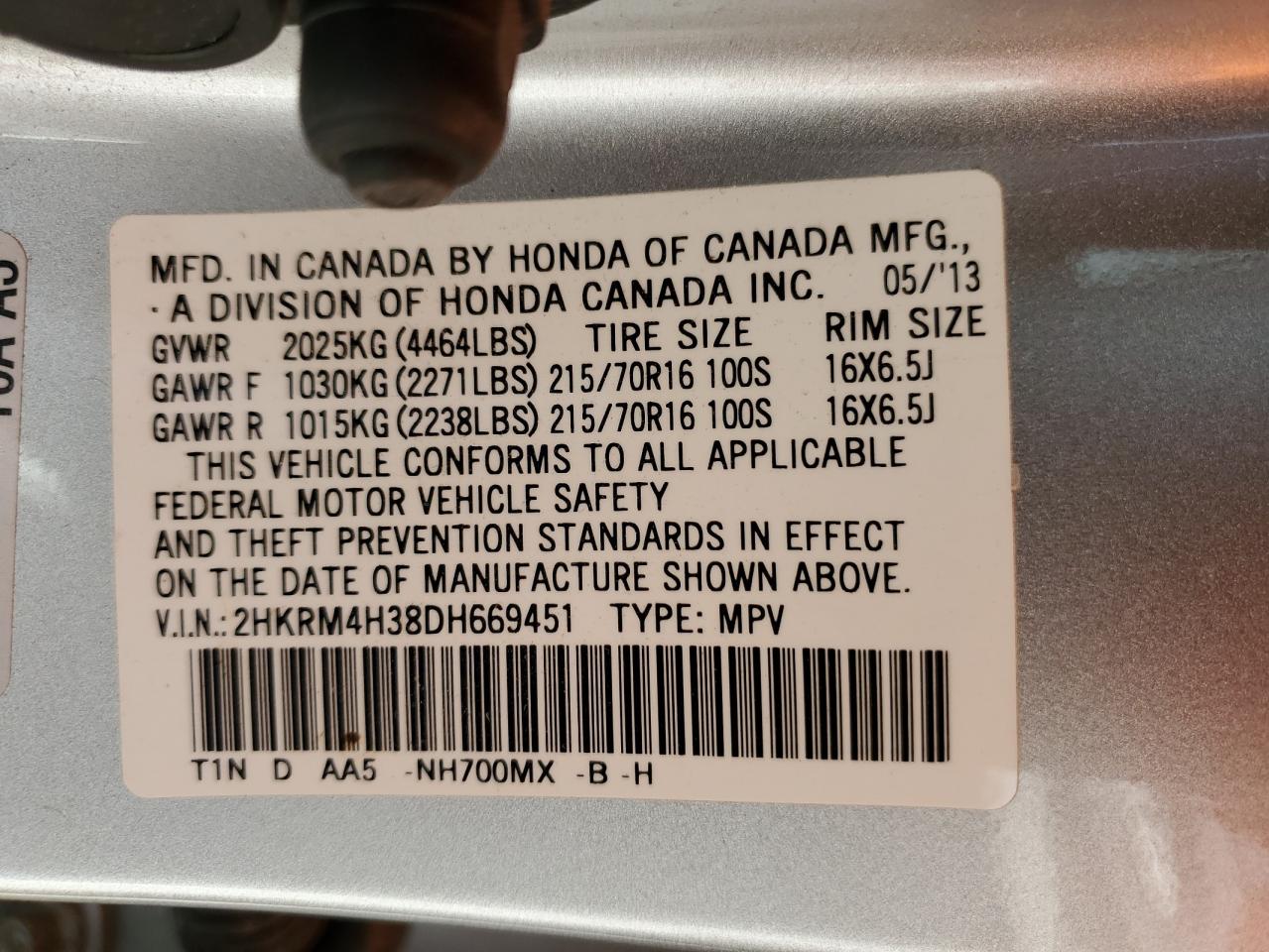 2013 Honda Cr-V Lx VIN: 2HKRM4H38DH669451 Lot: 91426665