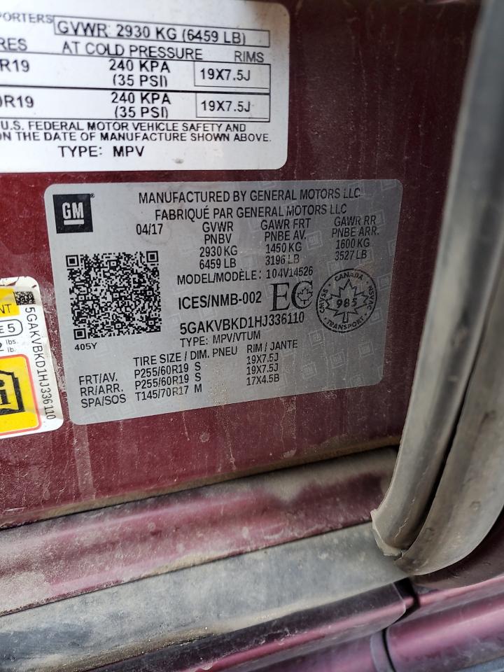 2017 Buick Enclave VIN: 5GAKVBKD1HJ336110 Lot: 91363925