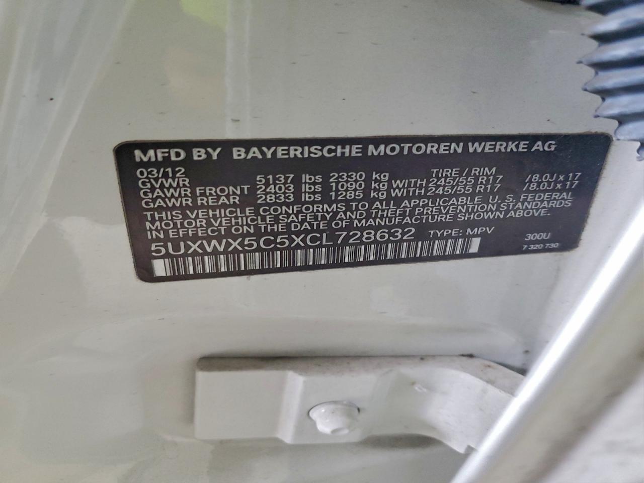 2012 BMW X3 xDrive28I VIN: 5UXWX5C5XCL728632 Lot: 91793765