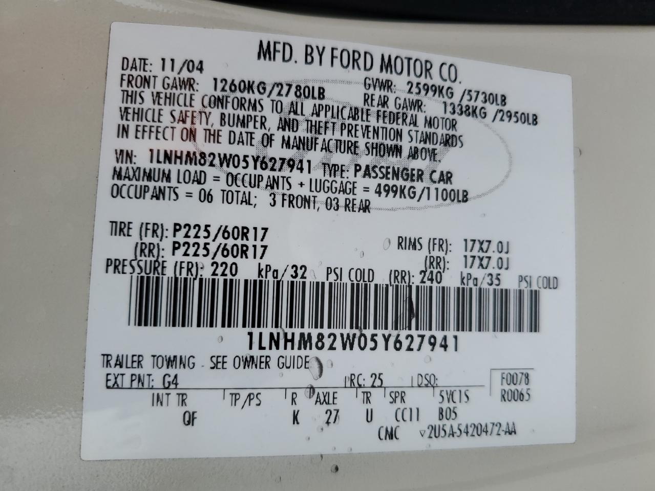 2005 Lincoln Town Car Signature Limited VIN: 1LNHM82W05Y627941 Lot: 91722155