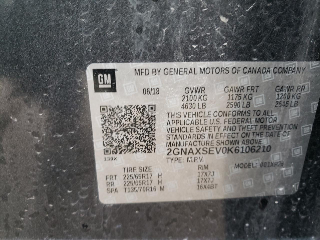 2019 Chevrolet Equinox Ls VIN: 2GNAXSEV0K6106210 Lot: 92252645