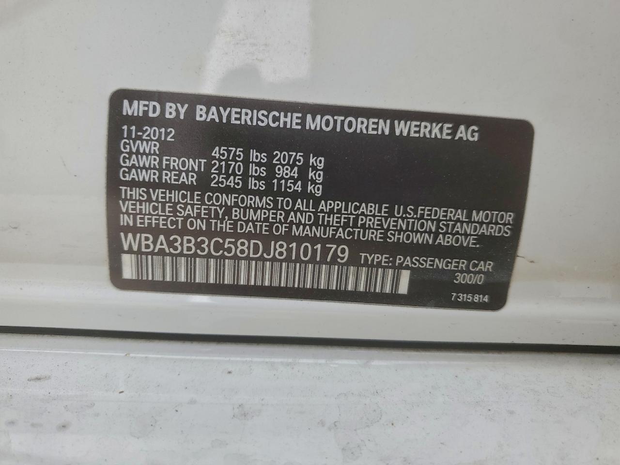 2013 BMW 328 Xi VIN: WBA3B3C58DJ810179 Lot: 94293785