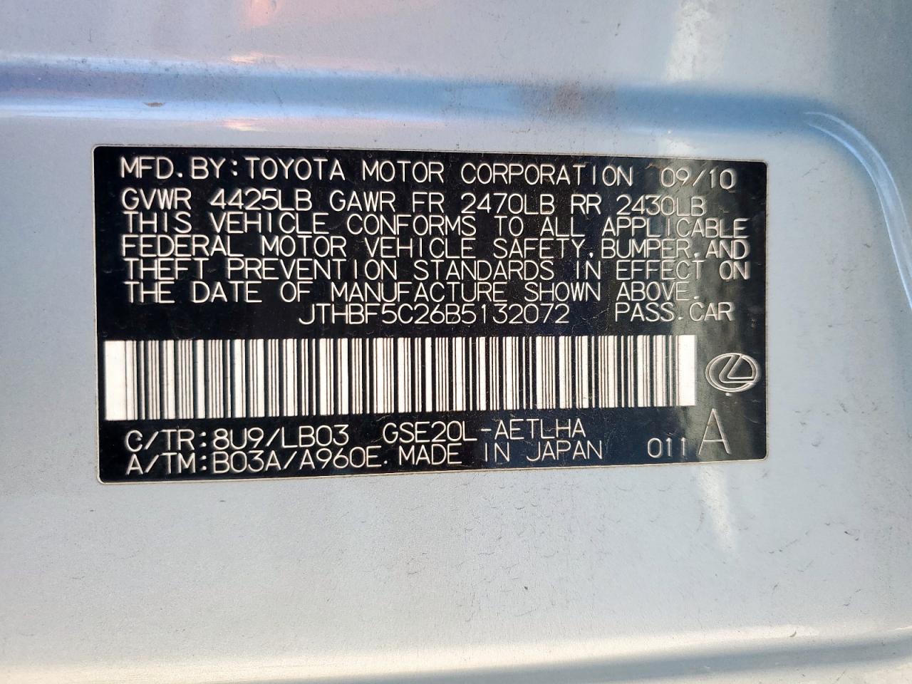 2011 Lexus Is 250 VIN: JTHBF5C26B5132072 Lot: 91046475