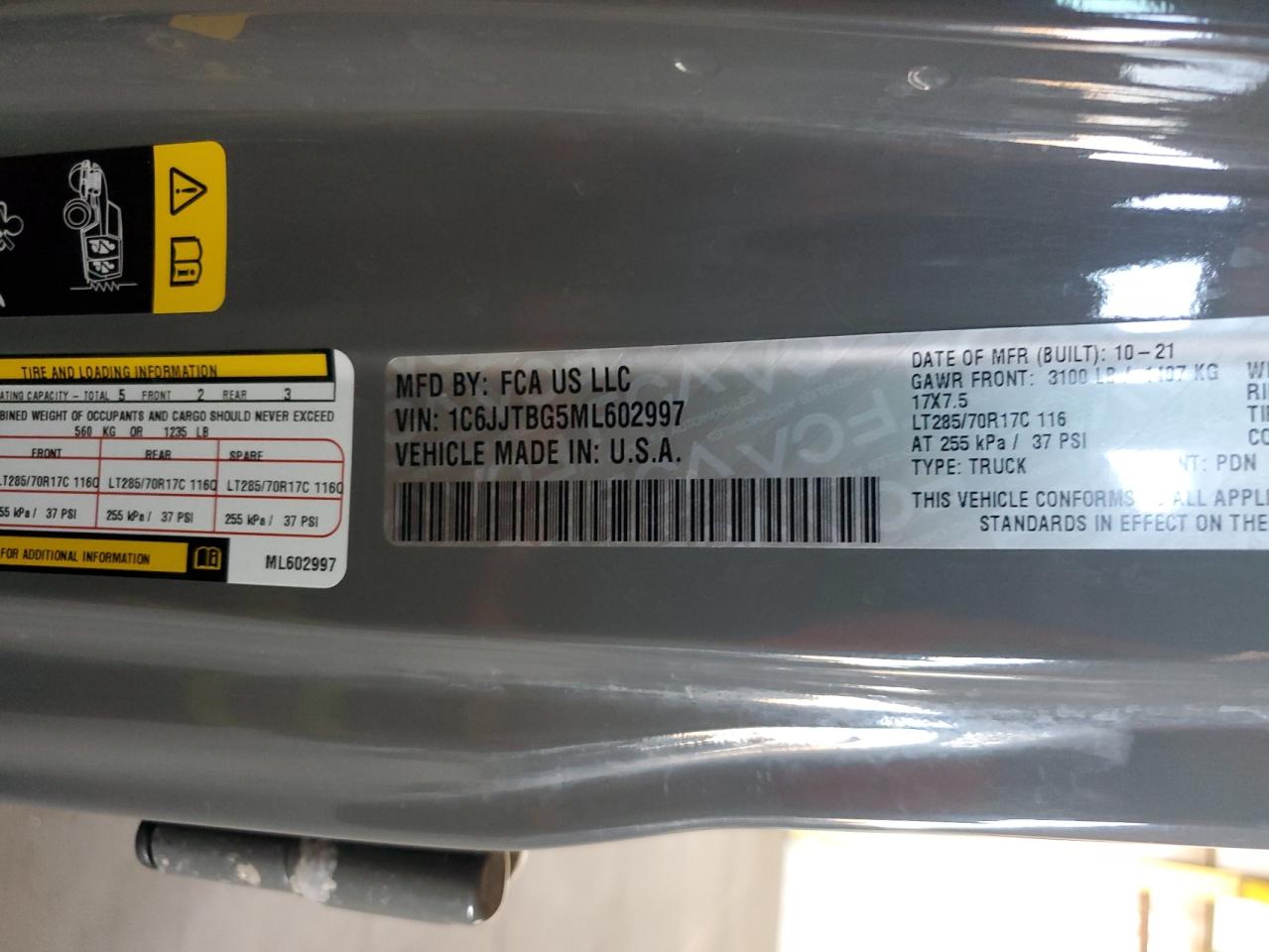 2021 Jeep Gladiator Rubicon VIN: 1C6JJTBG5ML602997 Lot: 91895505