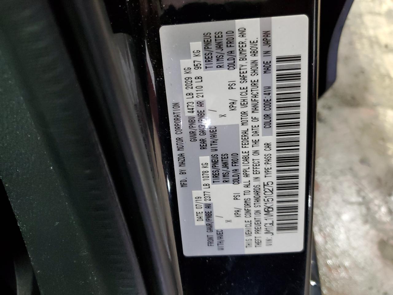 2019 Mazda 6 Touring VIN: JM1GL1VM6K1510275 Lot: 92078755