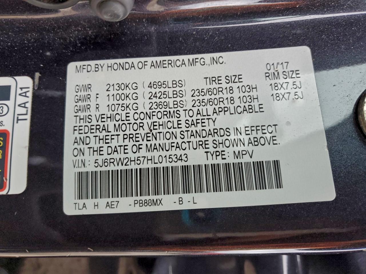 2017 Honda Cr-V Ex VIN: 5J6RW2H57HL015343 Lot: 94447555