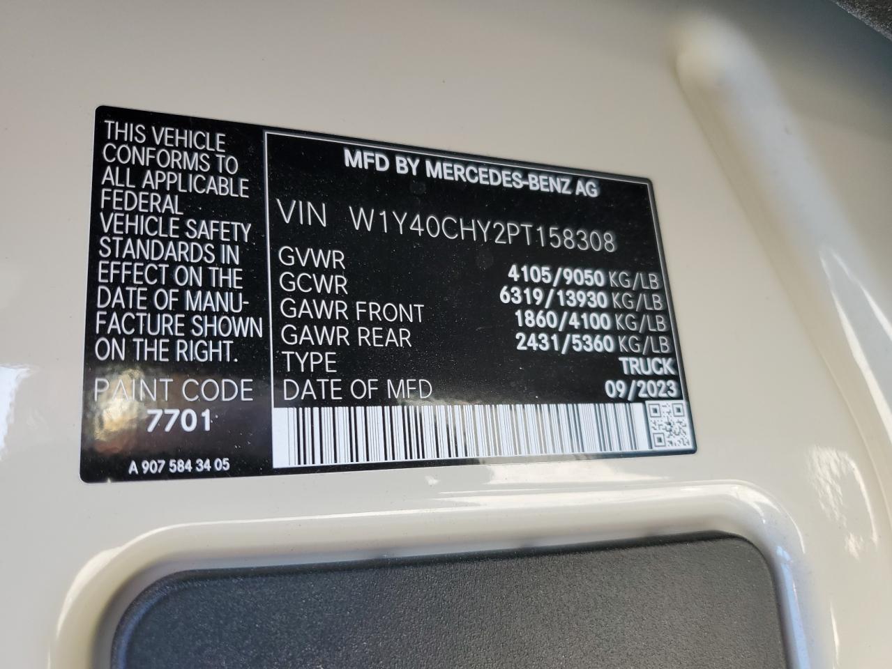 2023 Mercedes Benz Sprinter 2500 Delivery Van VIN: W1Y40CHY2PT158308 Lot: 91575455