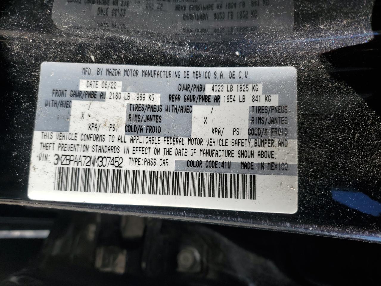 2022 Mazda 3 VIN: 3MZBPAA72NM307452 Lot: 90907955