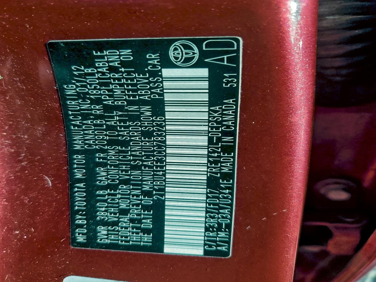 2012 Toyota Corolla Base VIN: 2T1BU4EE3CC783236 Lot: 94314365