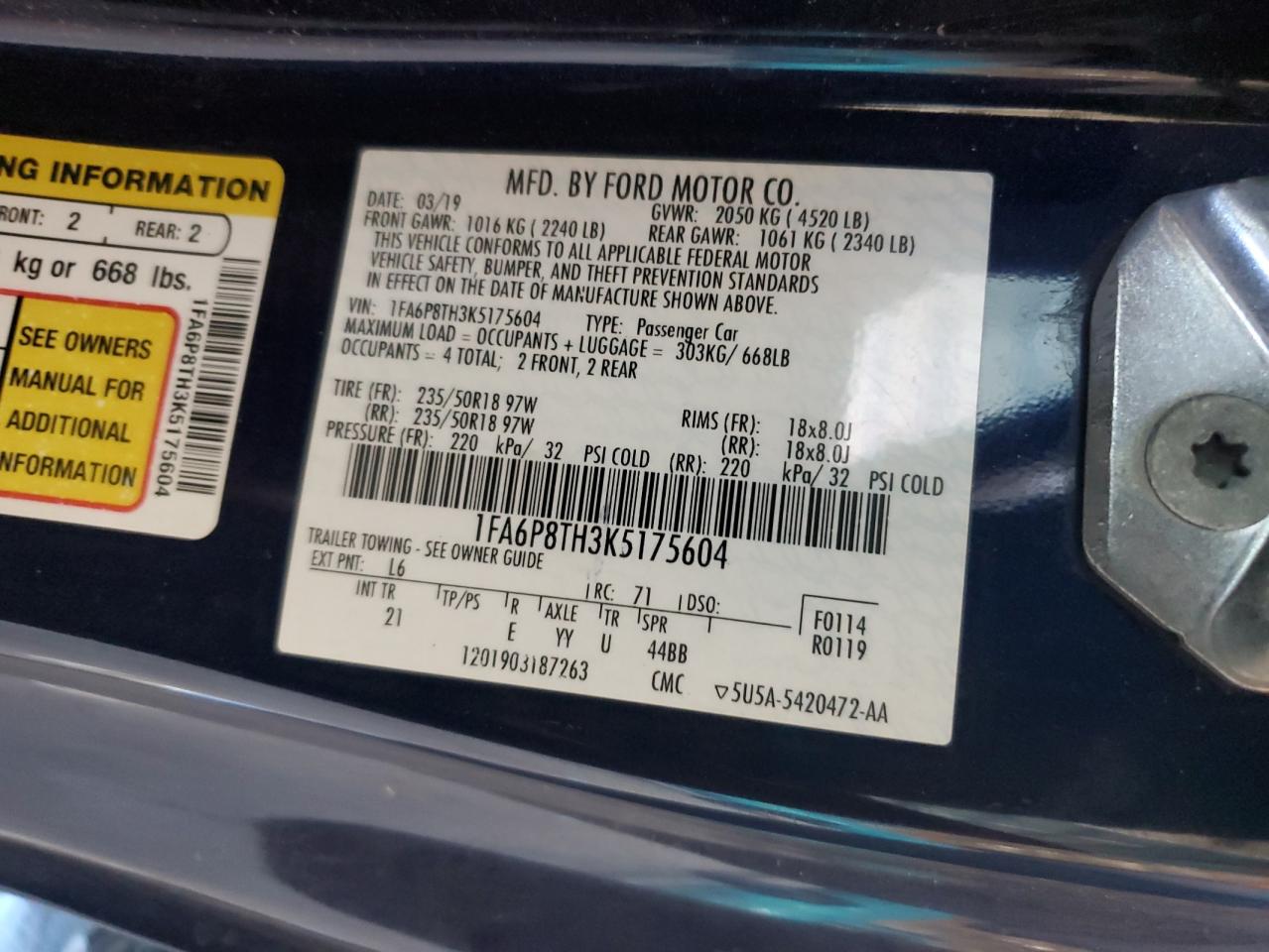 2019 Ford Mustang VIN: 1FA6P8TH3K5175604 Lot: 91619855