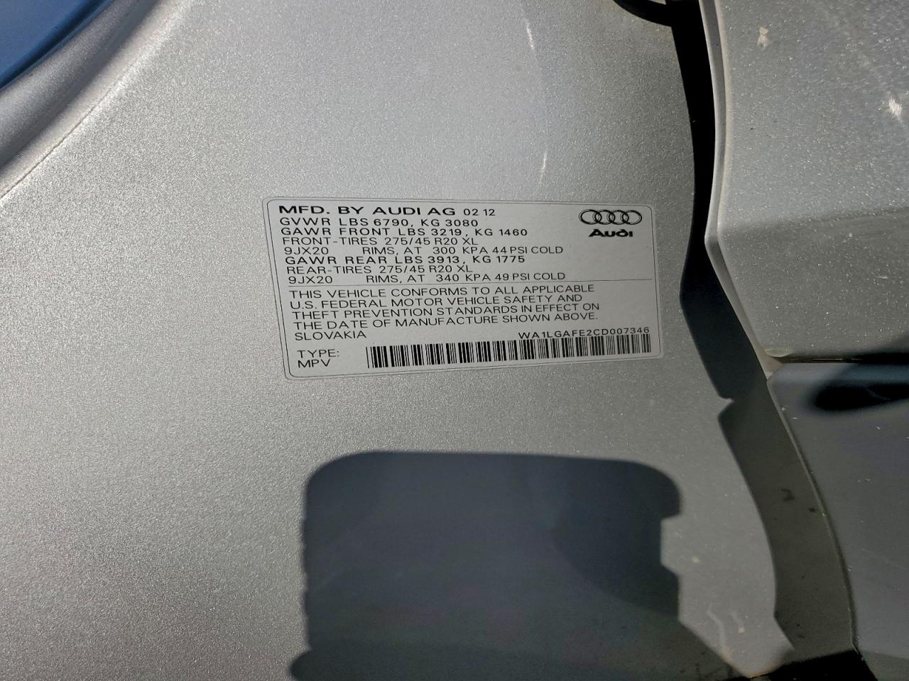 2012 Audi Q7 Premium Plus VIN: WA1LGAFE2CD007346 Lot: 92363655