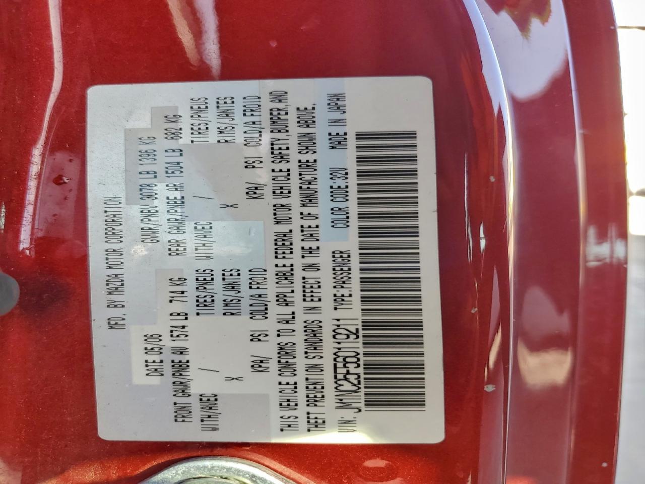 2006 Mazda Mx-5 Miata VIN: JM1NC25F560119211 Lot: 93735415