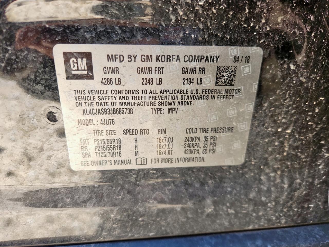 2018 Buick Encore Preferred VIN: KL4CJASB3JB685738 Lot: 91643505