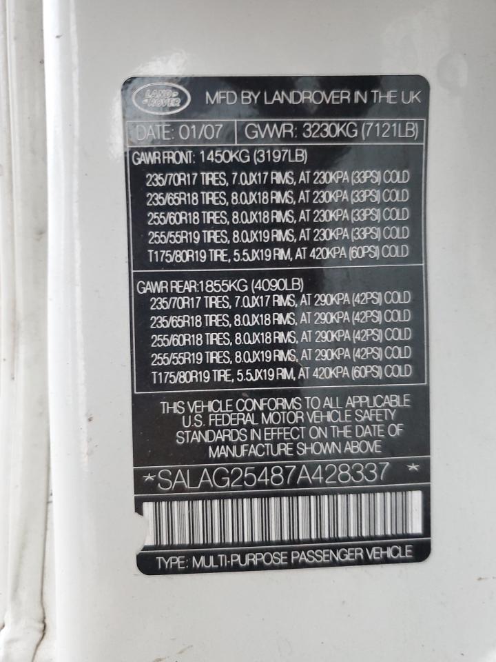 2007 Land Rover Lr3 Hse VIN: SALAG25487A428337 Lot: 92741125