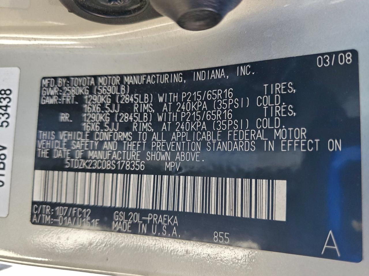 2008 Toyota Sienna Ce VIN: 5TDZK23C08S178356 Lot: 93739355