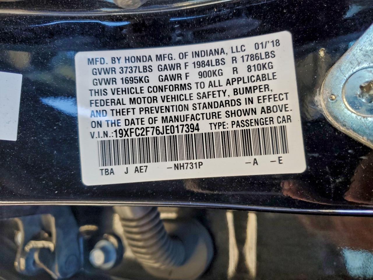 2018 Honda Civic Ex VIN: 19XFC2F76JE017394 Lot: 94433395