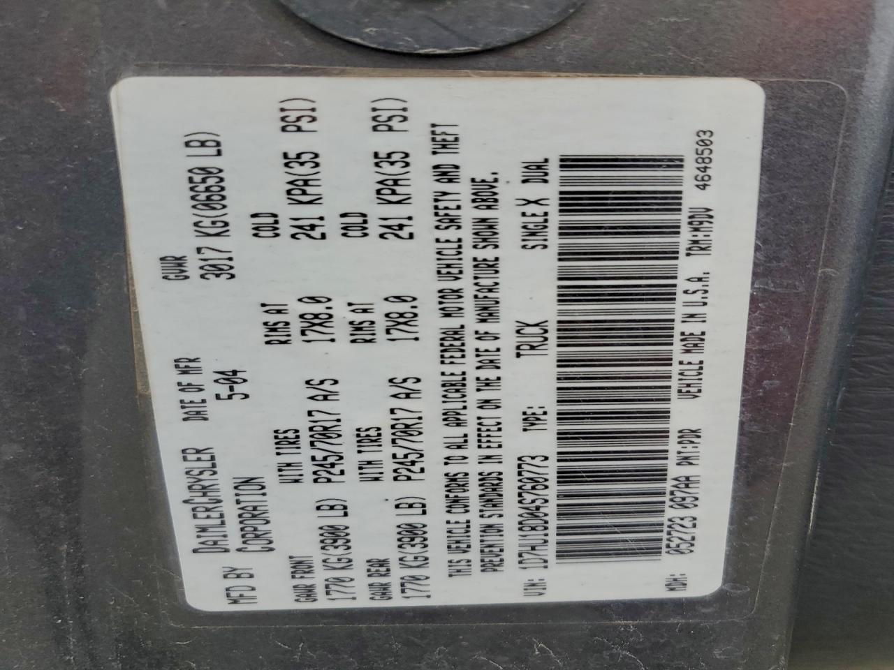 2004 Dodge Ram 1500 St VIN: 1D7HU18D04S760773 Lot: 93512135