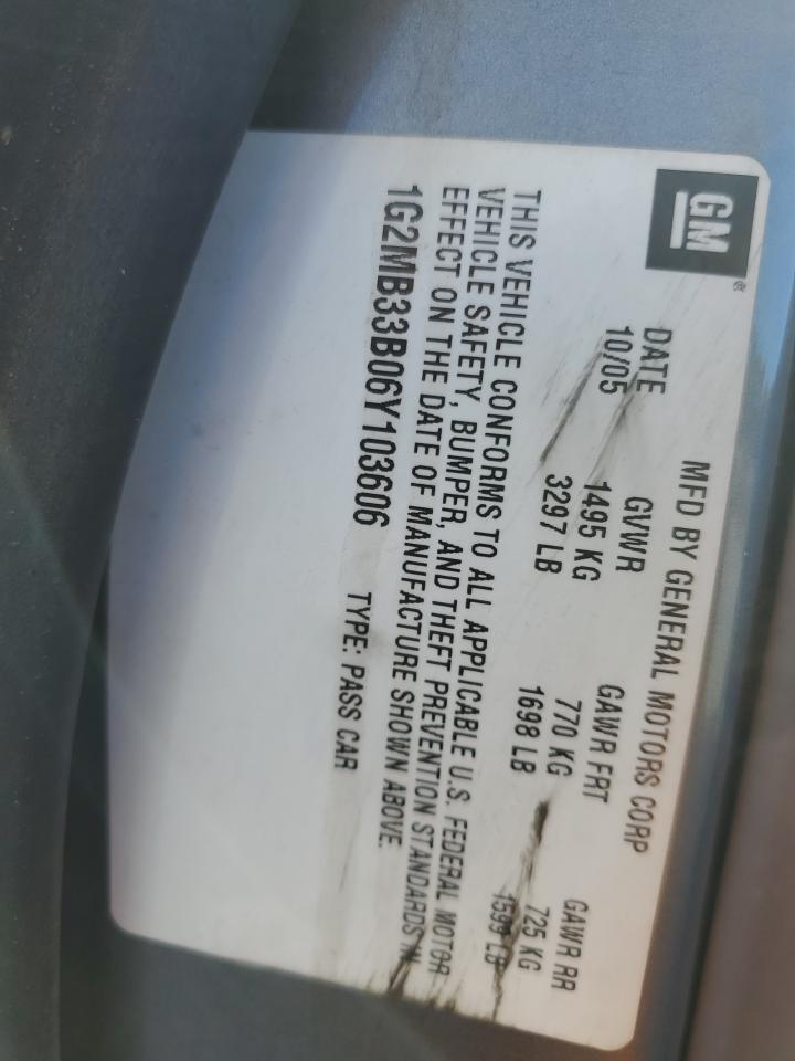 2006 Pontiac Solstice VIN: 1G2MB33B06Y103606 Lot: 91416235