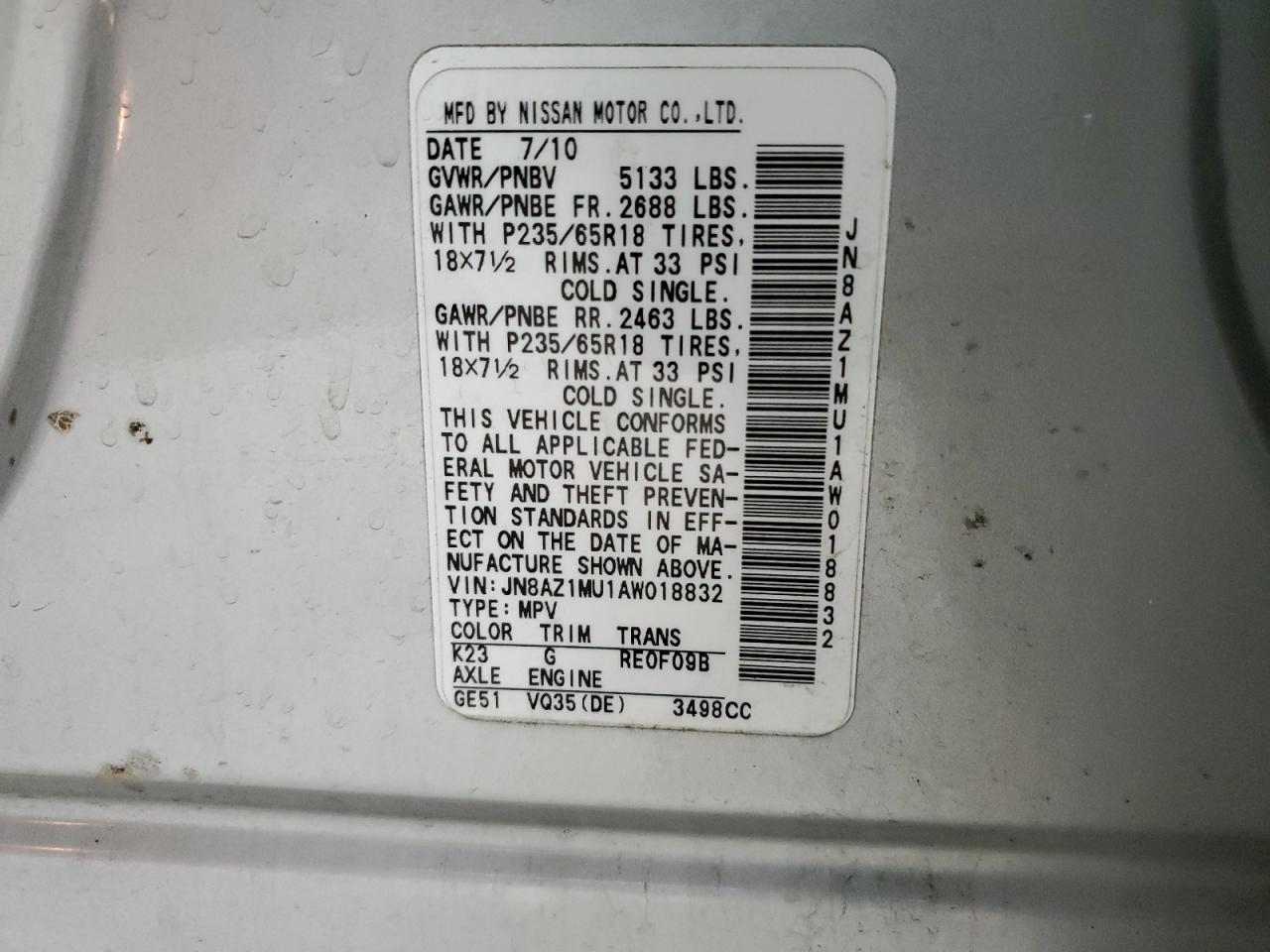 2010 Nissan Murano S VIN: JN8AZ1MU1AW018832 Lot: 92009175