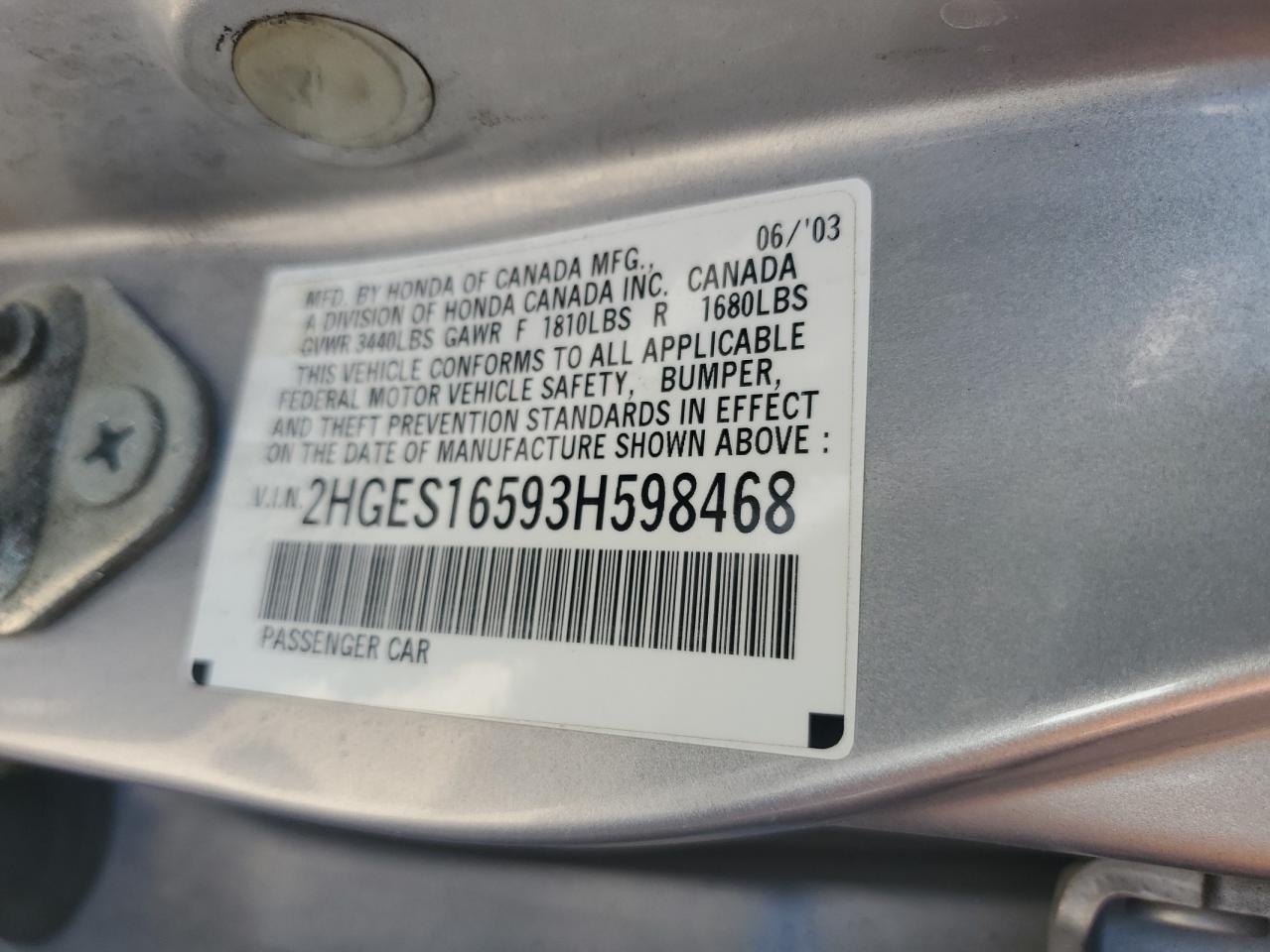 2003 Honda Civic Lx VIN: 2HGES16593H598468 Lot: 91536325