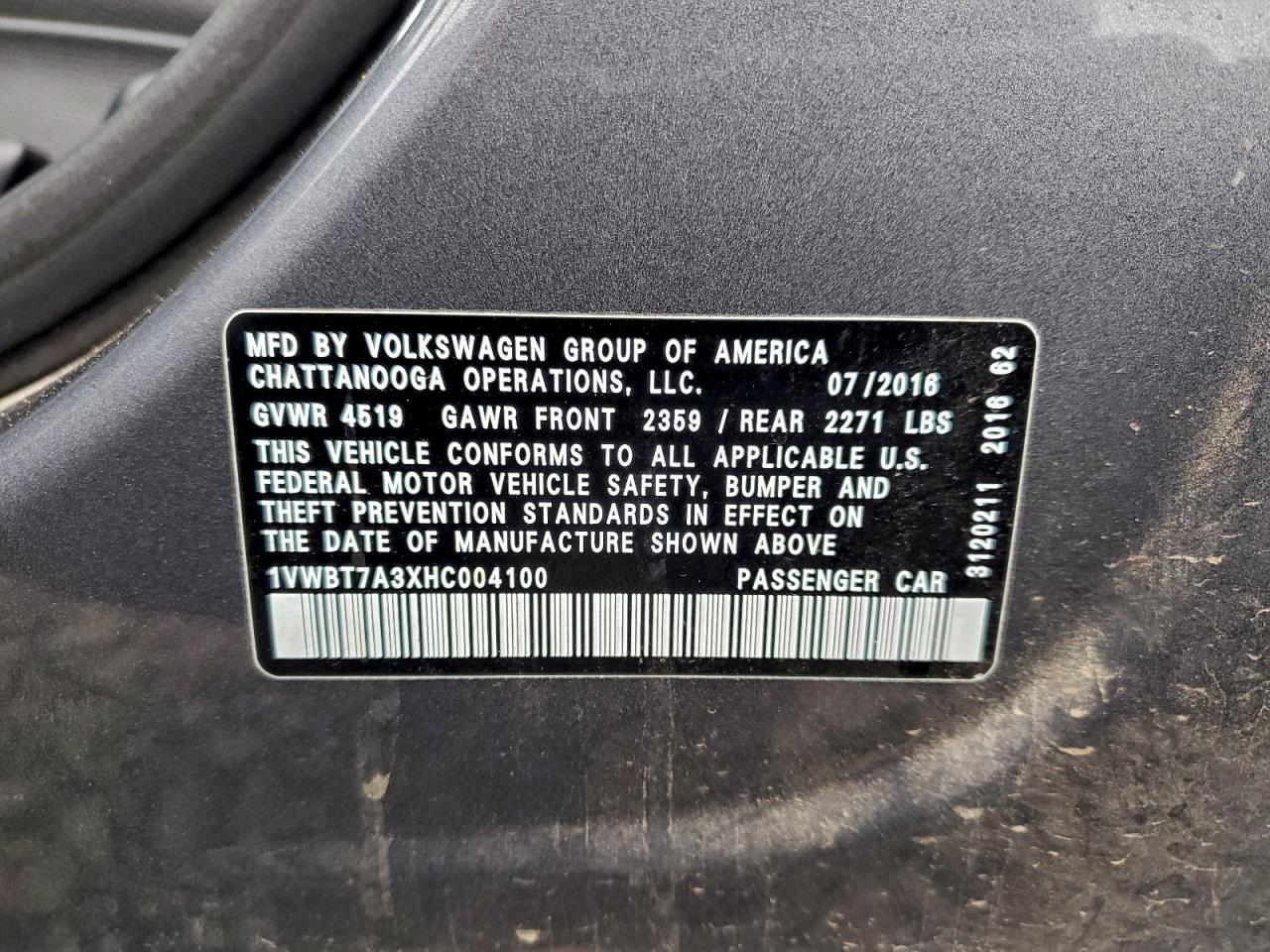 2017 Volkswagen Passat Se VIN: 1VWBT7A3XHC004100 Lot: 93832645