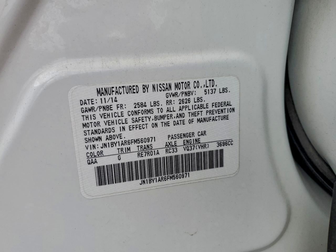 2015 Infiniti Q70 3.7 VIN: JN1BY1AR6FM560971 Lot: 94190455